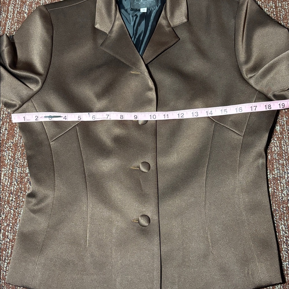Chocolate Brown Satin Blazer fitted women’s blazer shiny button front structured - Picture 13 of 15